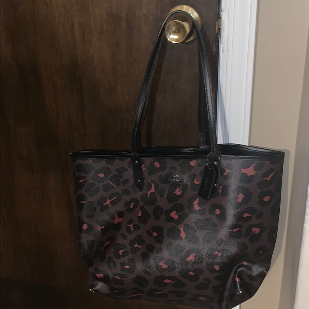 Coach Leopard Print Tote Bag - Black and Pink